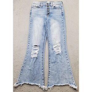 Sneak Peek Flare Jeans Womens 3/26 Blue Denim Distressed Frayed Hem Button Fly